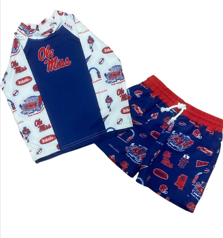 VIVE LA FETE- OLE MISS KIDS SWIM TRUNK AND RASHGAURD SET