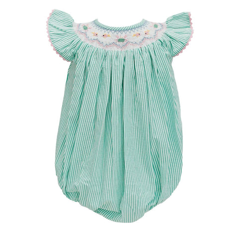 Teal Stripe Bishop Smocked Crabs and Fish Bubble- krewe kids