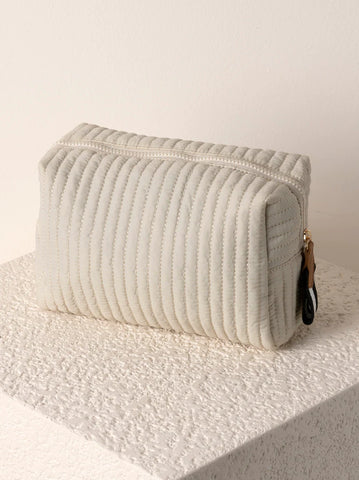 EZRA QUILTED NYLON LARGE BOXY COSMETIC POUCH, IVORY