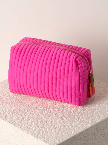 EZRA QUILTED NYLON LARGE BOXY COSMETIC POUCH, MAGENTA