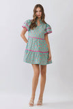 Floral Print Tiered Flutter Sleeve Mini Dress Green