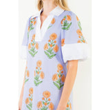 THML- PURPLE Puff Sleeve Flower Print V-Neck Dress