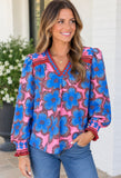 Joy Joy- Blue Zinnia v neck blouse