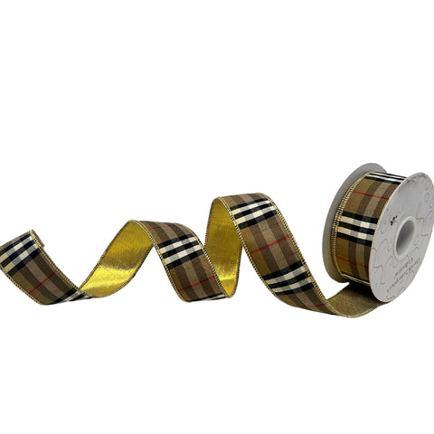 Berry Black and Tan Plaid Ribbon w/ Gold back 1.5" x 10yd