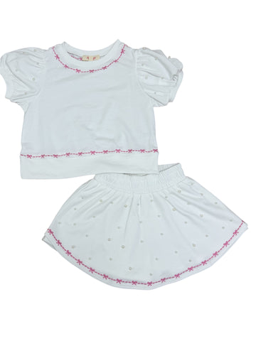 Peach Love- Bow Embo Pearl Embellished Terry Skort 