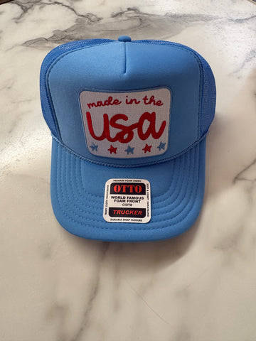 Happy By Rachel- Made in the USA Patch Blue Trucker Hat