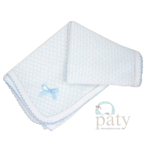 Paty Knit Receiving/Swaddle Blanket With Bow / Blue w/ Blue Trim