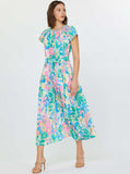 Floral Printed Maxi Dress W/Waist Tie: Fuchsia Mlt