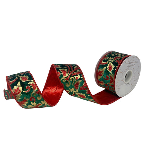 Glitter Leaf on Dark Green Velvet Ribbon w/ Red 2.5” x 10yd