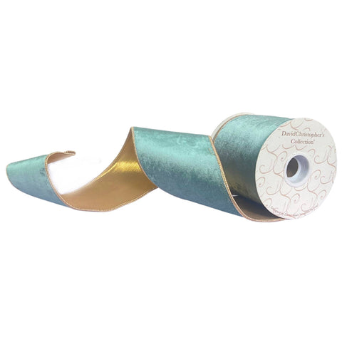Celadon velvet Ribbon w/ rose gold back and edge 4” x 10yd