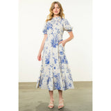 Floral BLUE Print Short Sleeve Maxi Dress-THML