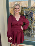 Elan- V Neck Long Sleeve Smocked Waist Dress