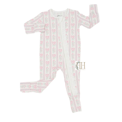 Hamner Hill-Girls Floral Heart Ruffle Double Zipper Romper