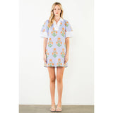 THML- PURPLE Puff Sleeve Flower Print V-Neck Dress