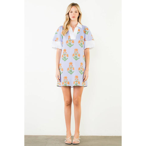 THML- PURPLE Puff Sleeve Flower Print V-Neck Dress