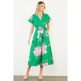 THML-Floral V-Neck Belt Midi Dress
