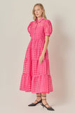 ENGLISH FACOTRY Gridded Organza Tiered Maxi Dress: CORAL