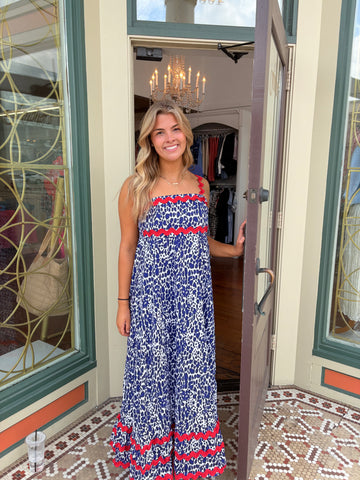 Top it Off-Dorothy Dress Blue & White Patterened w/red