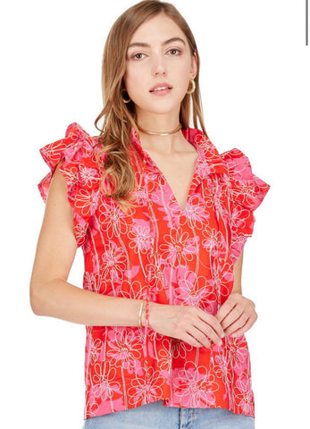 Red Embroidered Daises Top-Joy Joy