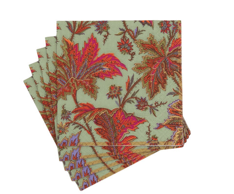 Caspari-Paisley Leaves Sage Green Cocktail Napkins