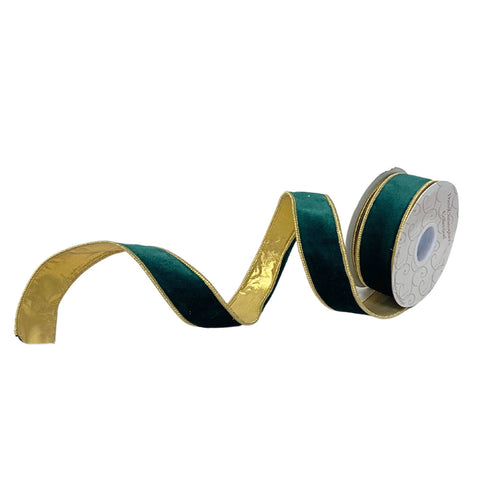 Dark Green velvet Ribbon w/ gold back and edge 1.5” x 10yd