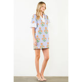 THML- PURPLE Puff Sleeve Flower Print V-Neck Dress