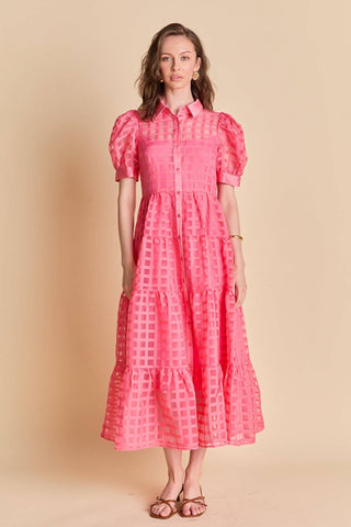 ENGLISH FACOTRY Gridded Organza Tiered Maxi Dress: CORAL