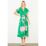 THML-Floral V-Neck Belt Midi Dress