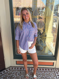 Joy Joy- Button Short Sleeve Shirt- Blue Stripe