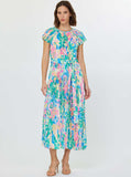 Floral Printed Maxi Dress W/Waist Tie: Fuchsia Mlt