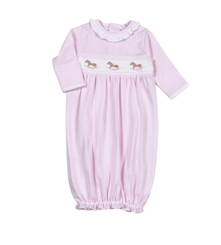 Baby Loren-Pink Rocking Horse Hand Smocked Pima Gown