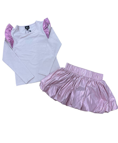 Little Olin-AW Pink Shimmer Balloon Skirt and AW Pink Top with Metallic Ruffle
