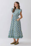 Floral Print Ruffle Sleeve Tiered Midi Dress