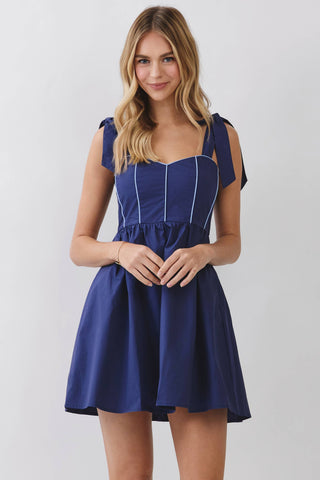 Tie Shoulder Fit & Flare Mini Dress: NAVY