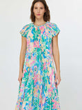 Floral Printed Maxi Dress W/Waist Tie: Fuchsia Mlt