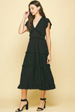 BLACK RUFFLED TEA LENGTH DRESS