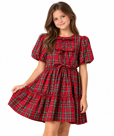 Peach Love Tween CHRISTMAS PLAID BOW DETAIL BUBBLE SLV MINI DRESS
