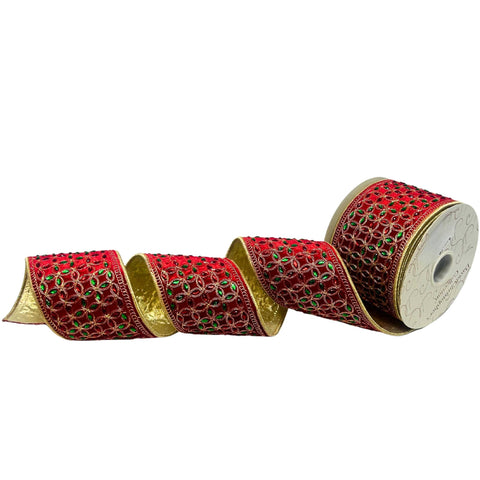 Heavy Jewel Red/Green/Gold Ribbon on Red Velvet 4" x 10yd