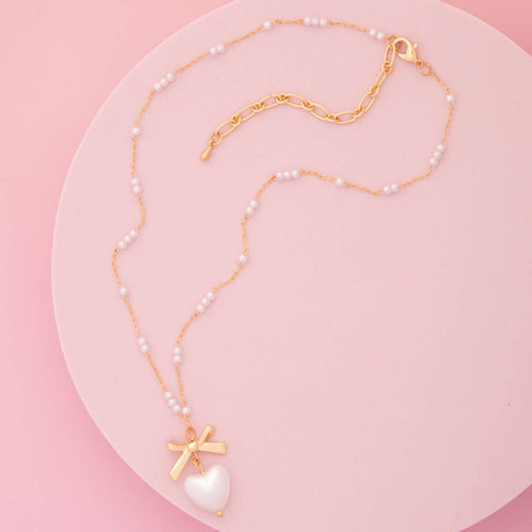 Bow & Heart Shaped Pearl Pendant Necklace
