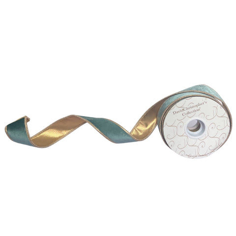 1.5"X10YD Celadon Velvet Christmas Ribbon With Rose Gold