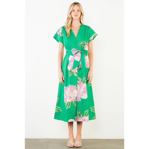 THML-Floral V-Neck Belt Midi Dress
