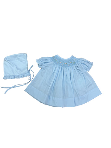 Baby Blessings-Light blue geometric Iris Dress, Bonnet