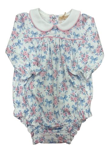 Baby Club Chic-blue floral bows printed bubble w/white round collar