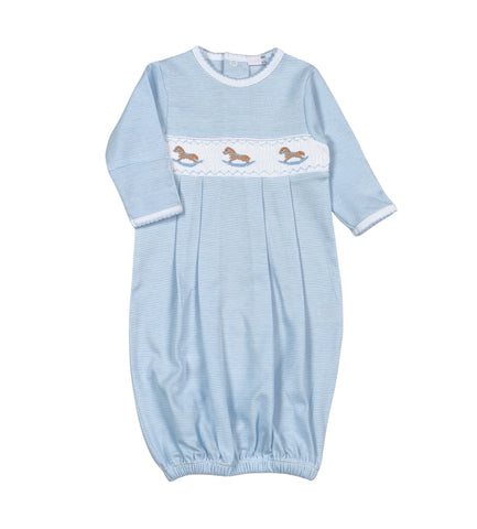 Baby Loren-Blue Rocking Horse Hand Smocked Pima Gown