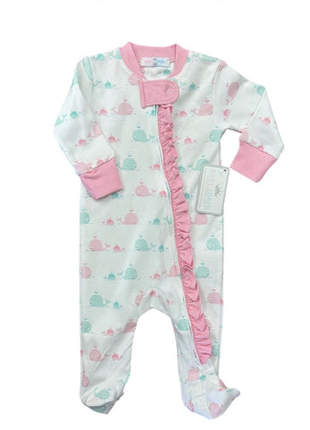 Baby Loren- Whales Aqua and Pink Zipper Footie