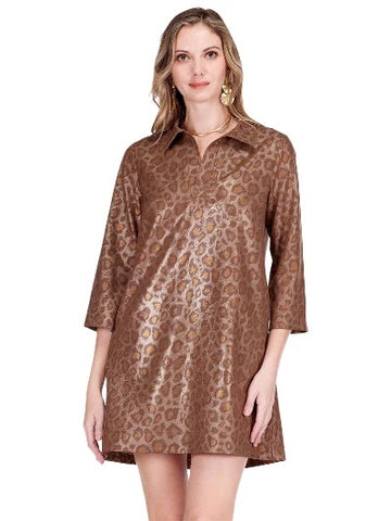 Jade- Placket Bell Sleeve Dress- Golden Leopard