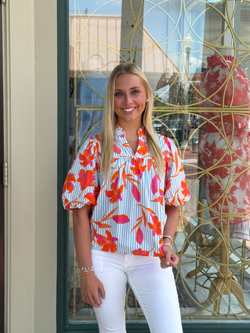 THML Striped Floral Puff Sleeve Top