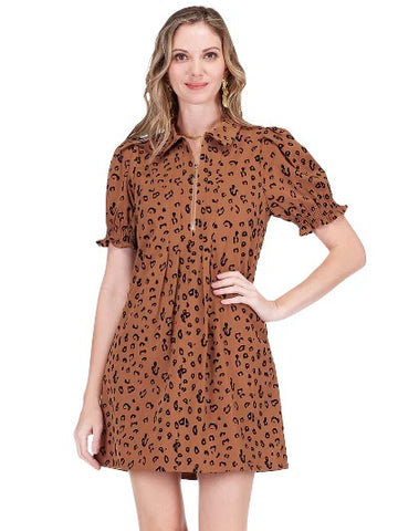 Jade- Front Zip Darts Dress- Brown Leopard