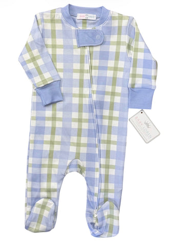 Blue Plaids Jon Zipper Footie , 100% Pima Cotton, Made in Peru