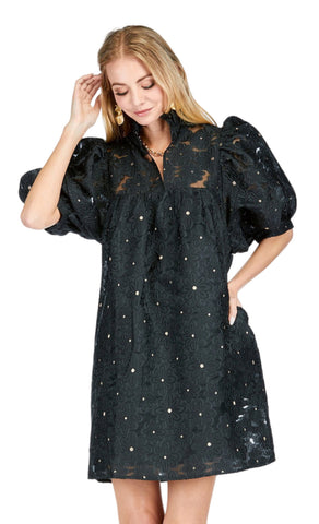 JadeBlack with gold Floral Organza High Neck Puff Sleeve Dress